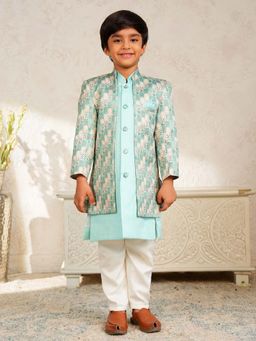AJ Dezines - Boys Sea Green Jacquard Rich Floral Printed Sherwani Set
