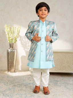 AJ Dezines - Boys Sky Blue Jacquard Rich Floral Printed Sherwani Set