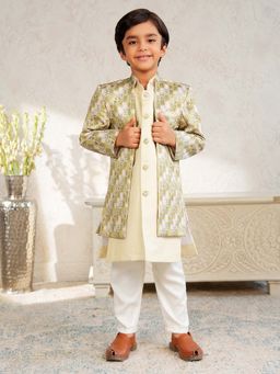 AJ Dezines - Boys Yellow Jacquard Rich Floral Printed Sherwani Set
