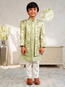 AJ Dezines - Boys Green Jacquard Rich Floral Printed Sherwani Set