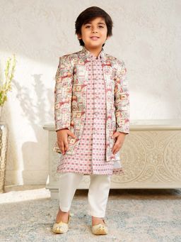 AJ Dezines - Boys Red Jacquard Rich Floral Printed Sherwani Set