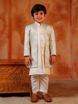 AJ Dezines - Boys Beige Jacquard Rich Embroidered Sherwani Set