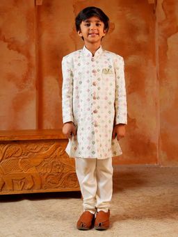 AJ Dezines - Boys White Jacquard Embroidered Sequined Sherwani Set