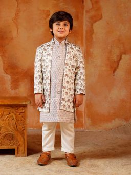AJ Dezines - Boys Brown Jacquard Rich Floral-Elephant Design Sherwani Set