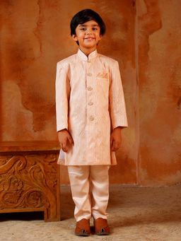 AJ Dezines - Boys Peach Jacquard Embroidered Sequined Sherwani Set