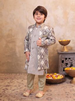 AJ Dezines - Boys Grey-Green Jacquard Printed Sherwani Set