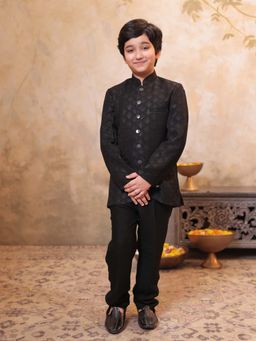 AJ Dezines - Boys Black Jacquard Embroidered Sherwani Set