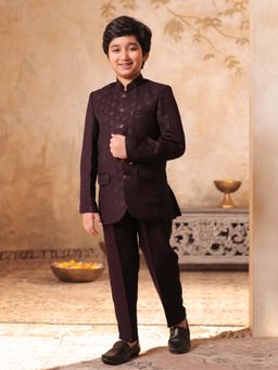 AJ Dezines - Boys Maroon Jacquard Embroidered Sherwani Set