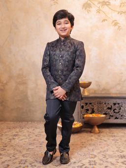 AJ Dezines - Boys Dark Purple Jacquard Embroidered Sherwani Set