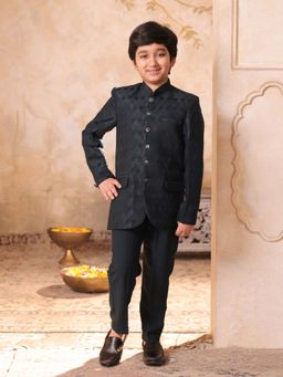 AJ Dezines - Boys Navy Blue Jacquard Embroidered Sequined Sherwani Set