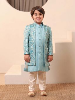 AJ Dezines - Boys Blue Jacquard Rich Self Design Printed Sherwani Set