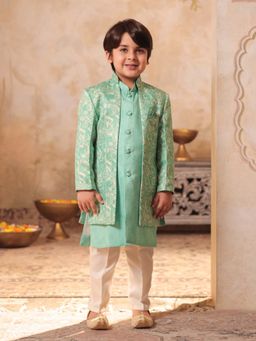 AJ Dezines - Boys Sea Green Jacquard Rich Self Design Printed Sherwani Set