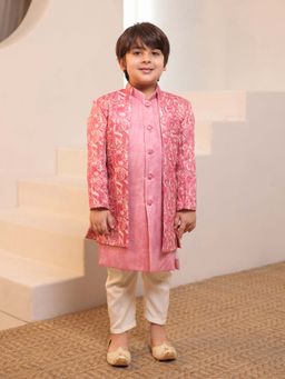 AJ Dezines - Boys Pink Jacquard Rich Self Design Printed Sherwani Set