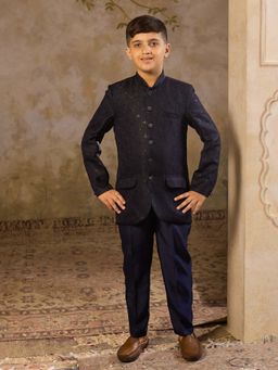 AJ Dezines - Boys Navy Blue Jacquard Embroidered Sequined Sherwani Set