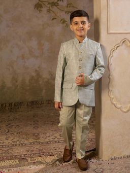 AJ Dezines - Boys Pista Green Jacquard Embroidered Sequined Sherwani Set