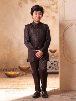 AJ Dezines - Boys Maroon Jacquard Embroidered Sherwani Set