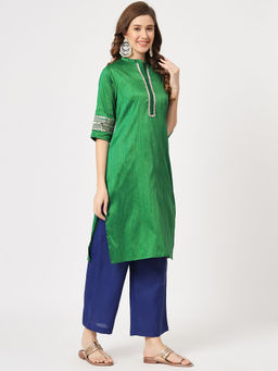 Pannkh - Women Festive Placket Embroidered Kurta with Contrasting Pants (Set of 2)
