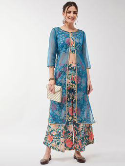 Pannkh - Women Festive Floral Top with Lace Detailed Shrug & Palazzo Co-ord (Set of 3)