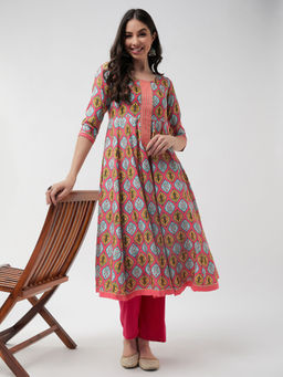 Pannkh - Women Wedding Inspired Digital Printed Multicolor Flared Kurta