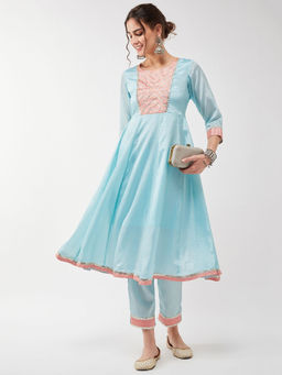 Pannkh - Women Festive Pastel Lace Detailed Flared Kurta