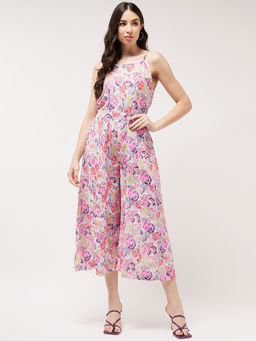 Pannkh - Women Painted Floral Look Digital Printed Strappy Pink Jumpsuit