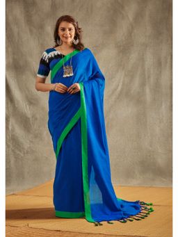SALWAR STUDIO - Blue Solid Cotton Solid Saree Without Blouse