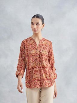 Fabindia - Women's Red Floral Printed Mandarin Collar Shirt