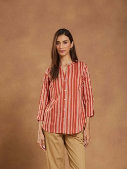 Fabindia - Women's Red Striped Mandarin Collar Shirt