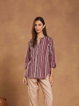 Fabindia - Women's Wine Striped Mandarin Collar Shirt