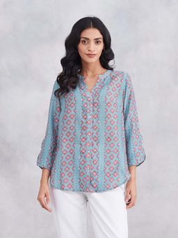 Fabindia - Women's Blue Printed Mandarin Collar Shirt