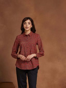 Fabindia - Women's Red Printed Collar Shirt