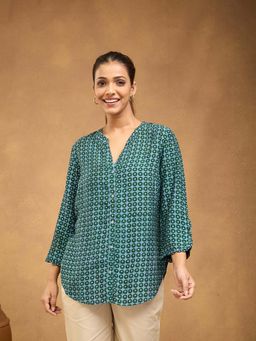Fabindia - Women's Green Printed Mandarin Collar Shirt