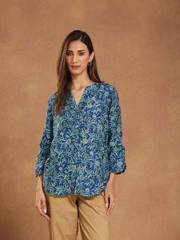 Fabindia - Women's Blue Printed Mandarin Collar Shirt