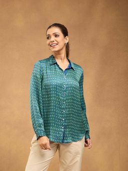 Fabindia - Women's Green Printed Collar Shirt