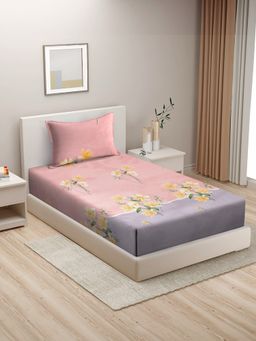 HOSTA HOMES - Pink Grey Floral 210 Tc Cotton Flat Single Bedsheet with 1 Pillow Cover