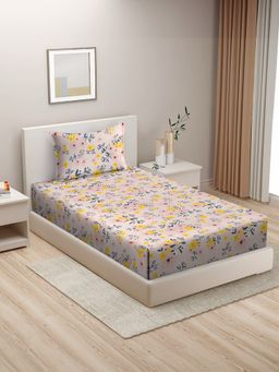 HOSTA HOMES - Pink Blue Floral 210 Tc Cotton Flat Single Bedsheet with 1 Pillow Cover