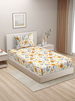 HOSTA HOMES - White Orange Floral 210 Tc Cotton Flat Single Bedsheet with 1 Pillow Cover