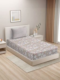 HOSTA HOMES - Grey White Floral 210 Tc Flat Single Bedsheet with 1 Pillow Cover