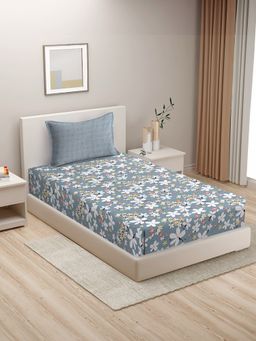 HOSTA HOMES - Grey White Floral 210 Tc Cotton Flat Single Bedsheet with 1 Pillow Cover