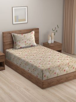 HOSTA HOMES - Beige Green Floral 210 Tc Single Bedsheet with 1 Pillow Cover