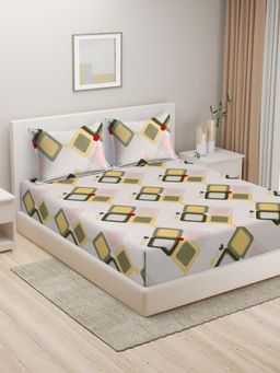 HOSTA HOMES - White & Yellow Geometric 210 Tc King Bedsheet with 2 Pillow Covers