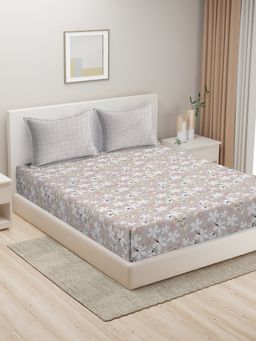 HOSTA HOMES - Beige White Floral 280 Tc King Pure Cotton Bedsheet with 2 Pillow Covers