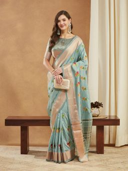 Gahan - Womens Soft Cotton Silk Floral Embroidered Saree with Unstitched Blouse