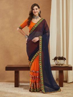 Gahan - Womens Designer Georgette Floral Kutchi Embroidery Work Saree with Unstitched Blouse