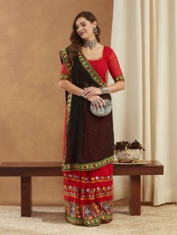 Gahan - Womens Designer Georgette Floral Kutchi Embroidery Work Saree with Unstitched Blouse