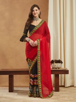 Gahan - Womens Designer Georgette Floral Kutchi Embroidery Work Saree with Unstitched Blouse