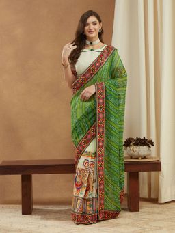 Gahan - Womens Arrivals Bandhani Pallu Kutchi Embroidered Saree with Unstitched Blouse
