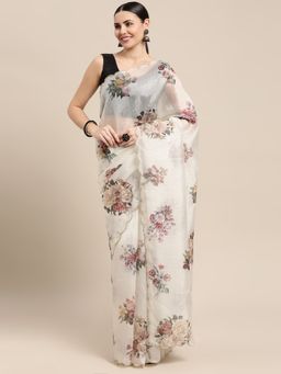 Vastranand - Floral Printed Organza Party Wear Saree with Unstitched Blouse