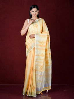 EXCLUSIVA - Yellow Thread Embroidery Work Linen Saree with Unstitched Blouse