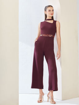 Miss Chase - Women Wine Collared Sleeveless Solid Cut Out Jumpsuit